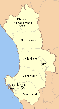 From north to south, the West Coast District Municipality contains the Matzikama, Cederberg, Bergrivier, Saldanha Bay and Swartland local municipalities